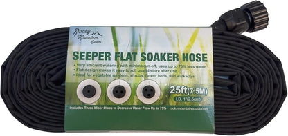 Rocky Mountain Goods 25 Foot Flat Weeper Soaker Hose - Drip Irrigation - Double Layer Design - Saves 70% Water - Consistent Drip Entire Length of Hose - Includes 3 Pressure Reducing Discs