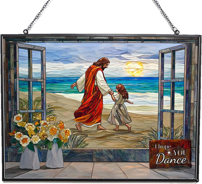 Rectangle I Hope You Dance Christian Stained Glass Sun Catcher, Wall Hanging Colored Decor Room Outdoor Window Decor, Halloween, Christmas Hanging Ornament Mother Day