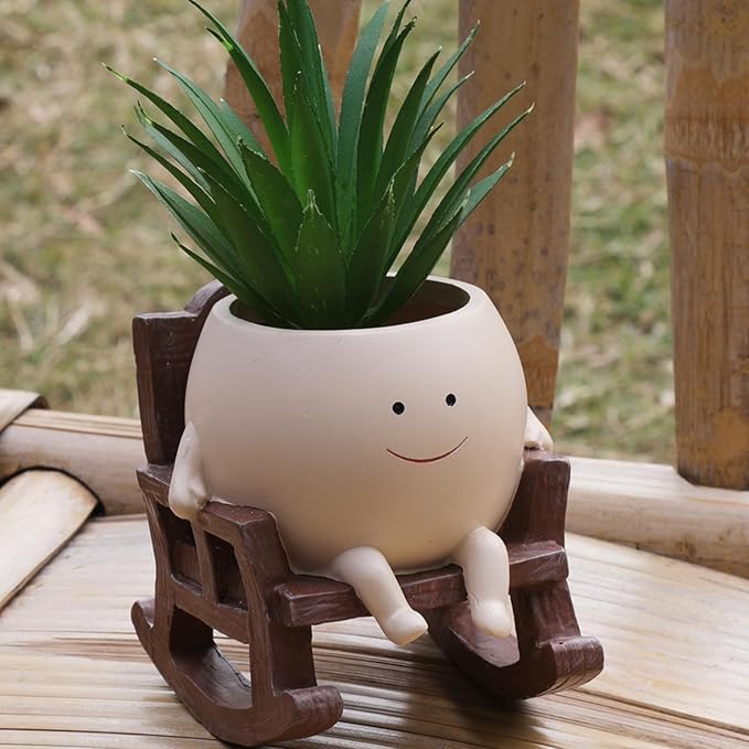 Face Planter Pots Cute Smile Flower Planter for Indoor Outdoor Plants Resin Rocking Chair Succulent Pot for String of Pearls Unique Gift on Mother's Day, Birthday, Christmas（Small）