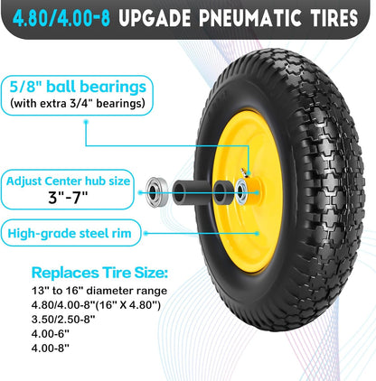 16" 4.80/4.00-8" Flat-Free Solid Wheelbarrow Wheel and Tire, 3"-7"Centered Hub with 5/8"&3/4" Bearings for Wheelbarrows Utility Cart Lawn Dollies