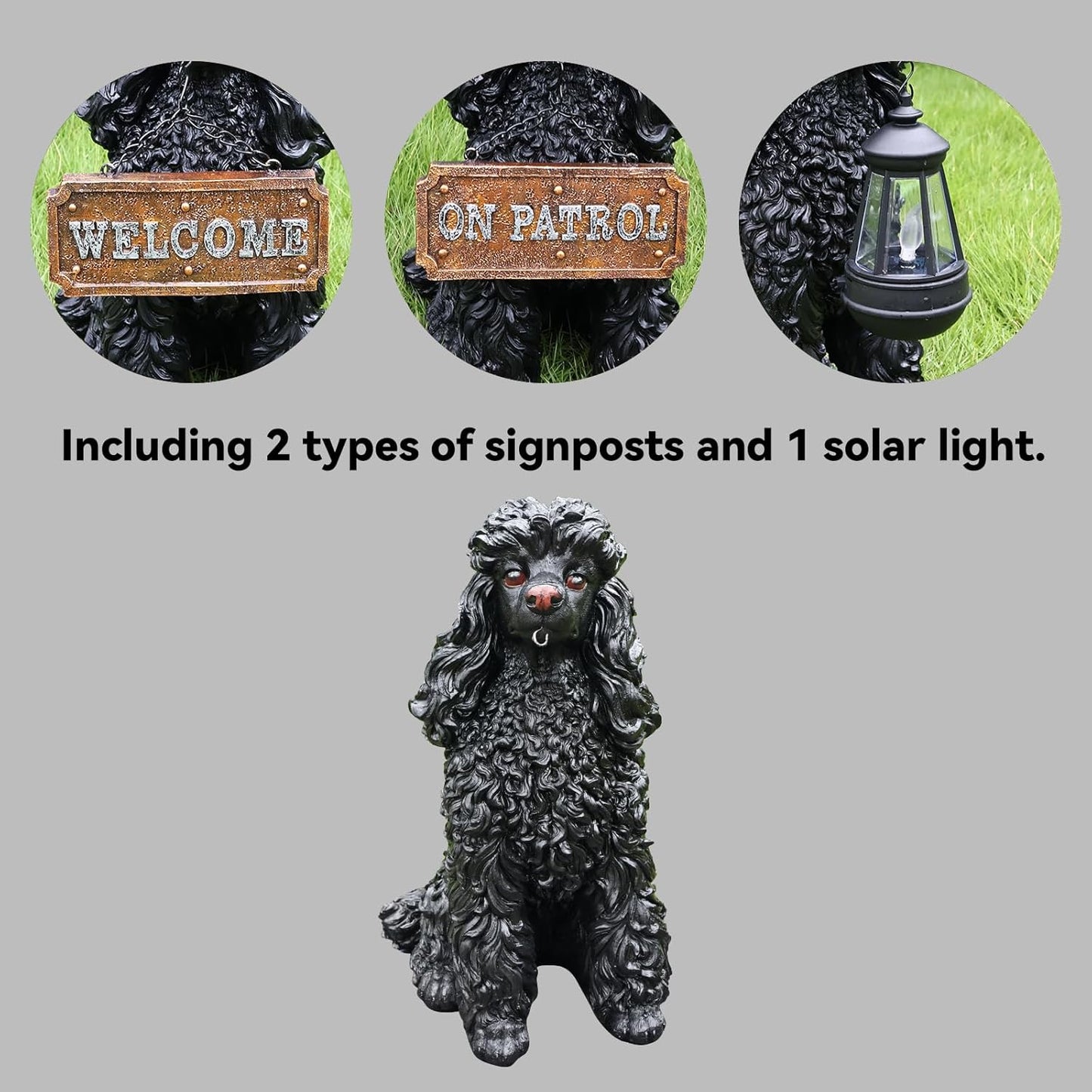 Porch Greeter Dog Statue with Flip-Over “Welcome/ON Patrol” Hanging Plaque and Solar Walkway Lantern, Black Sitting Poodle Yard Accent