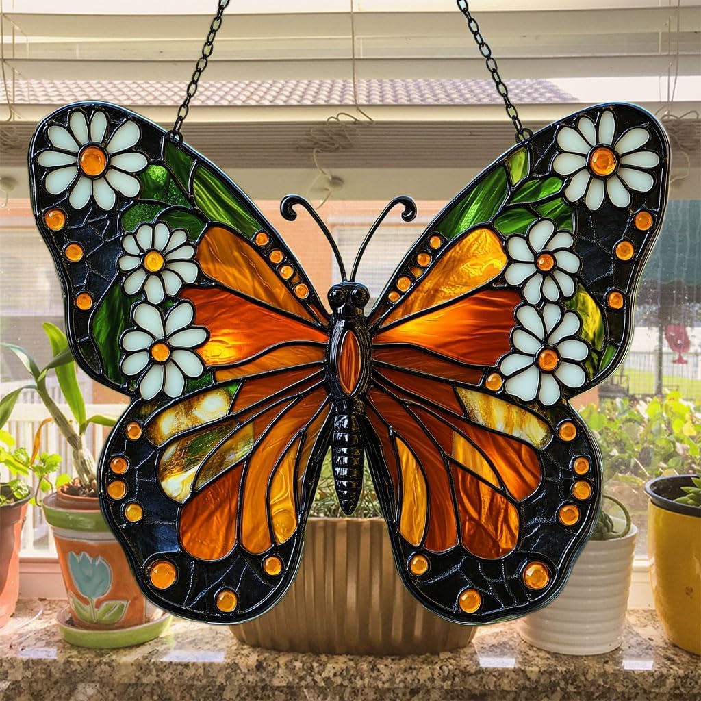 Floral Monarch Acrylic Suncatcher Stained Glass Effect Window Car Hanging Christmas Ornament Indoor Outdoor Decor Garden Sun Catcher Panel for Butterfly Lover for Women Mom Grandma