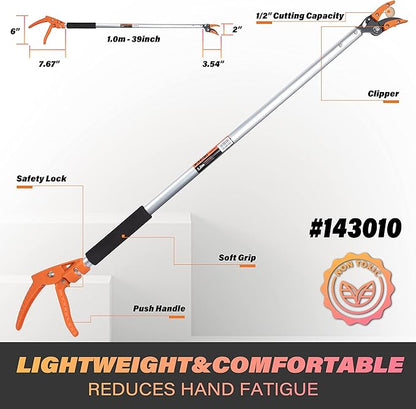 KSEIBI 143010 Long Reach 3.5 ft (1.0m) Cut & Hold Bypass Pruner - Lightweight Aluminum, Rust-Resistant, Ergonomic Grip, 1/4" Max Cut - Ideal for Precision Gardening & Pruning