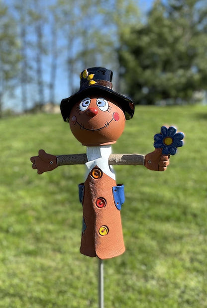 Ceramic Garden Decor - Scarecrow Lawn stake - Outdoor statue - Perfect, unique gifts for gardeners woman, men, yard gifts - Handmade, Frostproof