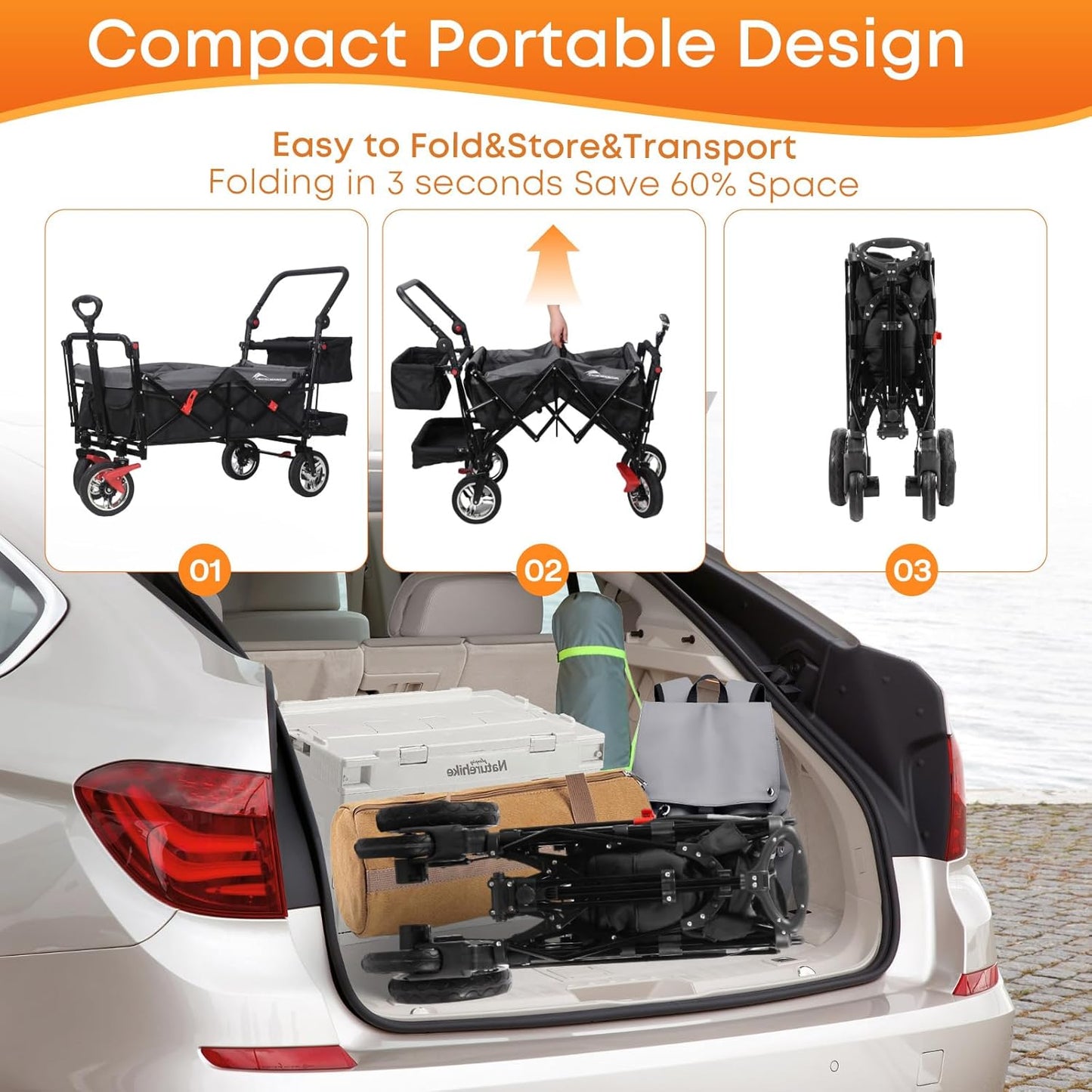 Wagon Cart with Removable Canopy,Collapsible Foldable Wagon, Heavy Duty Utility Outdoor Foldable Garden Cart with Wheels, Adjustable Handle, Outdoor Utility Wagon, Black