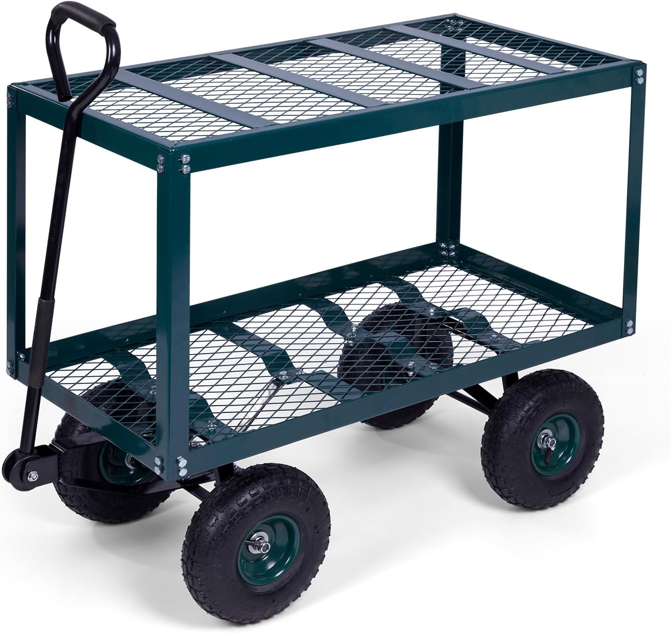 Backyard Expressions 2-Tier Heavy Duty Steel Garden Cart with Mesh Shelves and Pneumatic Wheels – Utility Wagon for Lawn, Yard, Landscaping & Outdoor Projects