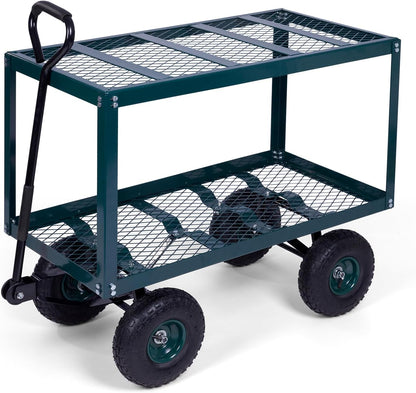 Backyard Expressions 2-Tier Heavy Duty Steel Garden Cart with Mesh Shelves and Pneumatic Wheels – Utility Wagon for Lawn, Yard, Landscaping & Outdoor Projects