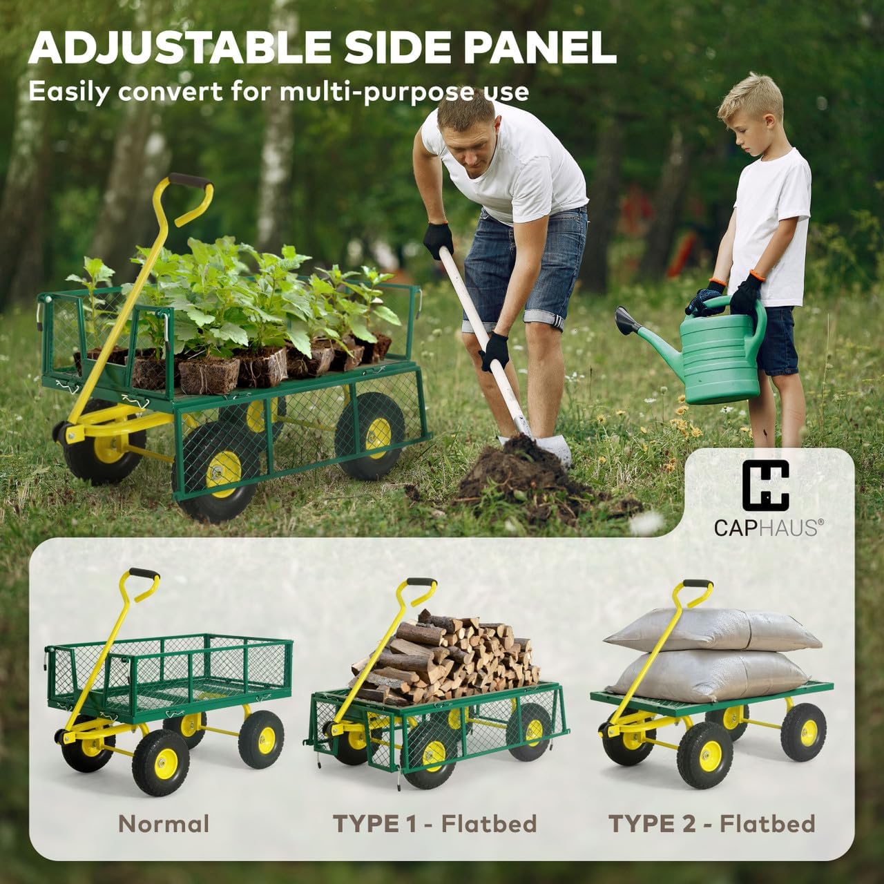 CAPHAUS Metal Black Garden Cart, w/ 180° Adjustable Yellow Handle, w/Mat and Strap, Heavy Duty 880 lbs Capacity, w/ 10” Flat-Free Tires, Sides Removable, Utility Wagon, Lawn Cart, for Garden, Yard