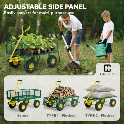 CAPHAUS Metal Black Garden Cart, w/ 180° Adjustable Yellow Handle, w/Mat and Strap, Heavy Duty 880 lbs Capacity, w/ 10” Flat-Free Tires, Sides Removable, Utility Wagon, Lawn Cart, for Garden, Yard