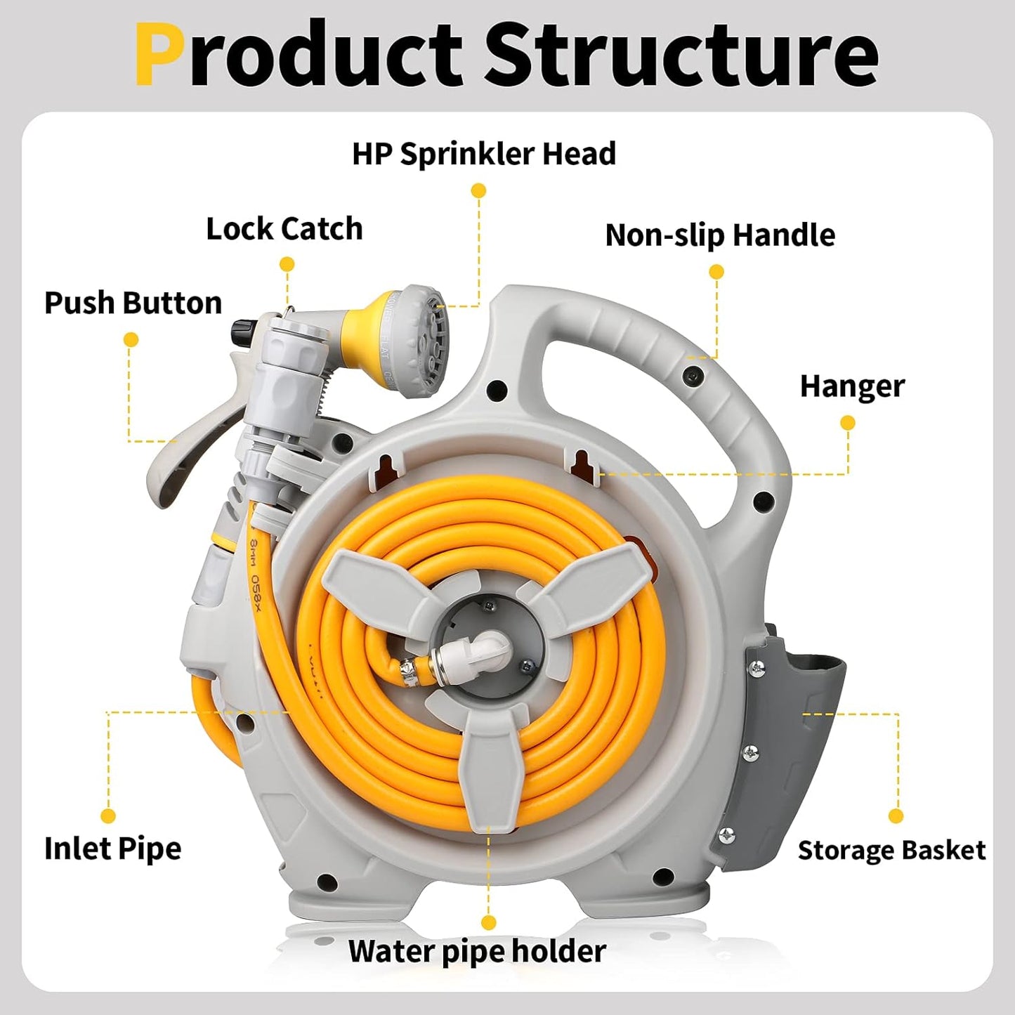 Kitness Mini Retractable Garden Hose Reel, Portable Simple Home 45+5 FT Hose Reel with 7 Adjustable Patterns Spray Nozzle&Standard Connector, Watering Hose Reel for Gardens Yards and lawns (Orange)