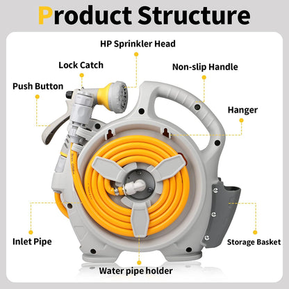 Kitness Mini Retractable Garden Hose Reel, Portable Simple Home 45+5 FT Hose Reel with 7 Adjustable Patterns Spray Nozzle&Standard Connector, Watering Hose Reel for Gardens Yards and lawns (Orange)