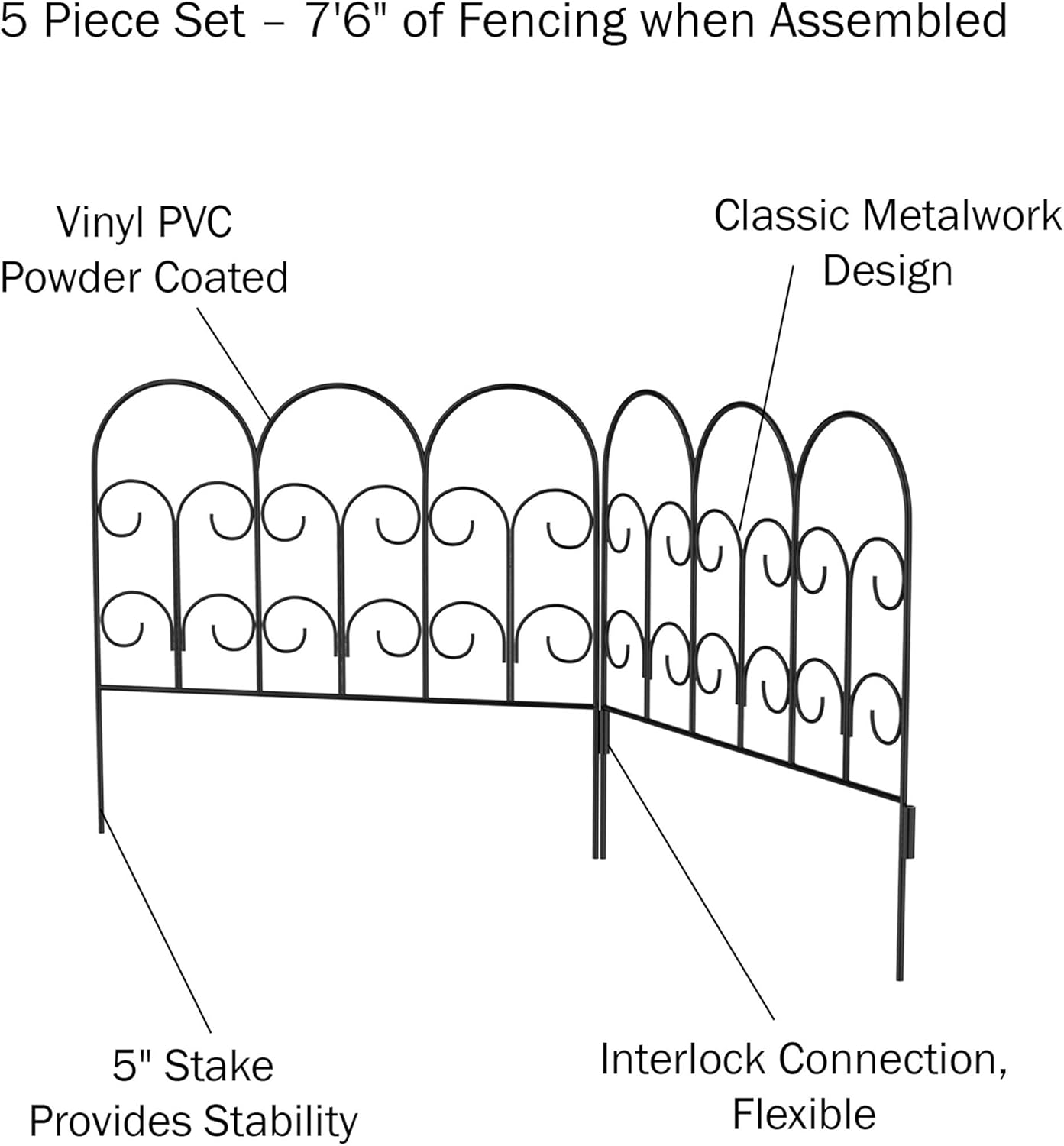 Metal Garden Fencing - Set of 5 Interlocking Panels for Flower Beds and Landscaping - Decorative Scroll Edging with Lawn Stakes by Pure Garden (Black)