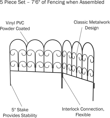 Metal Garden Fencing - Set of 5 Interlocking Panels for Flower Beds and Landscaping - Decorative Scroll Edging with Lawn Stakes by Pure Garden (Black)