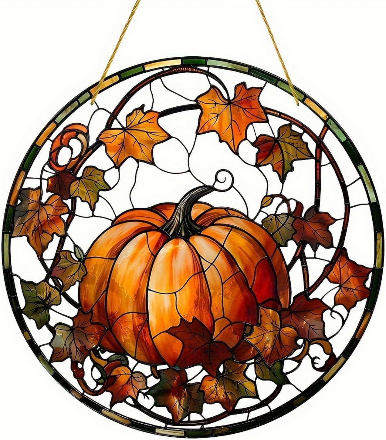Halloween Suncatcher for Window Hanging Pumpkin Maple Leaves Designs Fall Acrylic Sun Catchers Horror Round Ornament Glass Decoration for Thanksgiving Garden Home Party Supplies 7.87inch