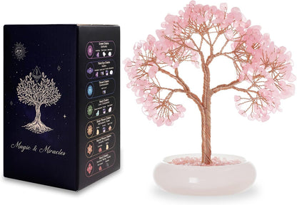 Rose Quartz Crystal Trees of Life for Home Office Desk Deco, Bonsai Tree, Chakra Healing Crystals Stones for Money Good Luck Pink Stone Crystals Birthday Gifts for Women