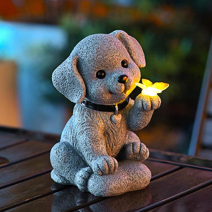 Solar Dog Outdoor Statues Garden Decor with Butterfly LED Lights Dog Statues for Patio Balcony Yard Lawn Ornament, Birthday Gardening Gifts for Mom Grandma Women