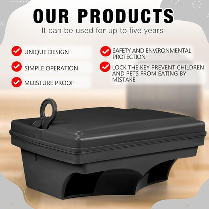 Qualirey 6 Pack Rat Bait Stations with 6 Keys Reusable Heavy Duty for Rodents Outdoor Mouse Poison Holder Large Station Traps for Mice Pests, Bait Not Included(Black)