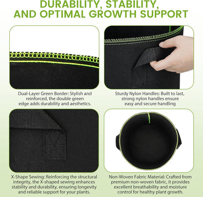 Grow Bags 10Pcs Heavy Duty 300G Fabric Pots for Plants,Thickened Nonwoven Garden Bags to Grow Vegetables,Large Nursery Pots,Tomato Grow Bags with Handles, Green Line Border (10 Gallons)