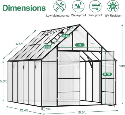 Outdoor Polycarbonate Greenhouse 12x10x10 FT Aluminum Frame Transparent Panels Heavy Duty Green House Kit with Windows Vents Door for Backyard Garden, Large Outsides Walk in Plant Greenhouses,Black