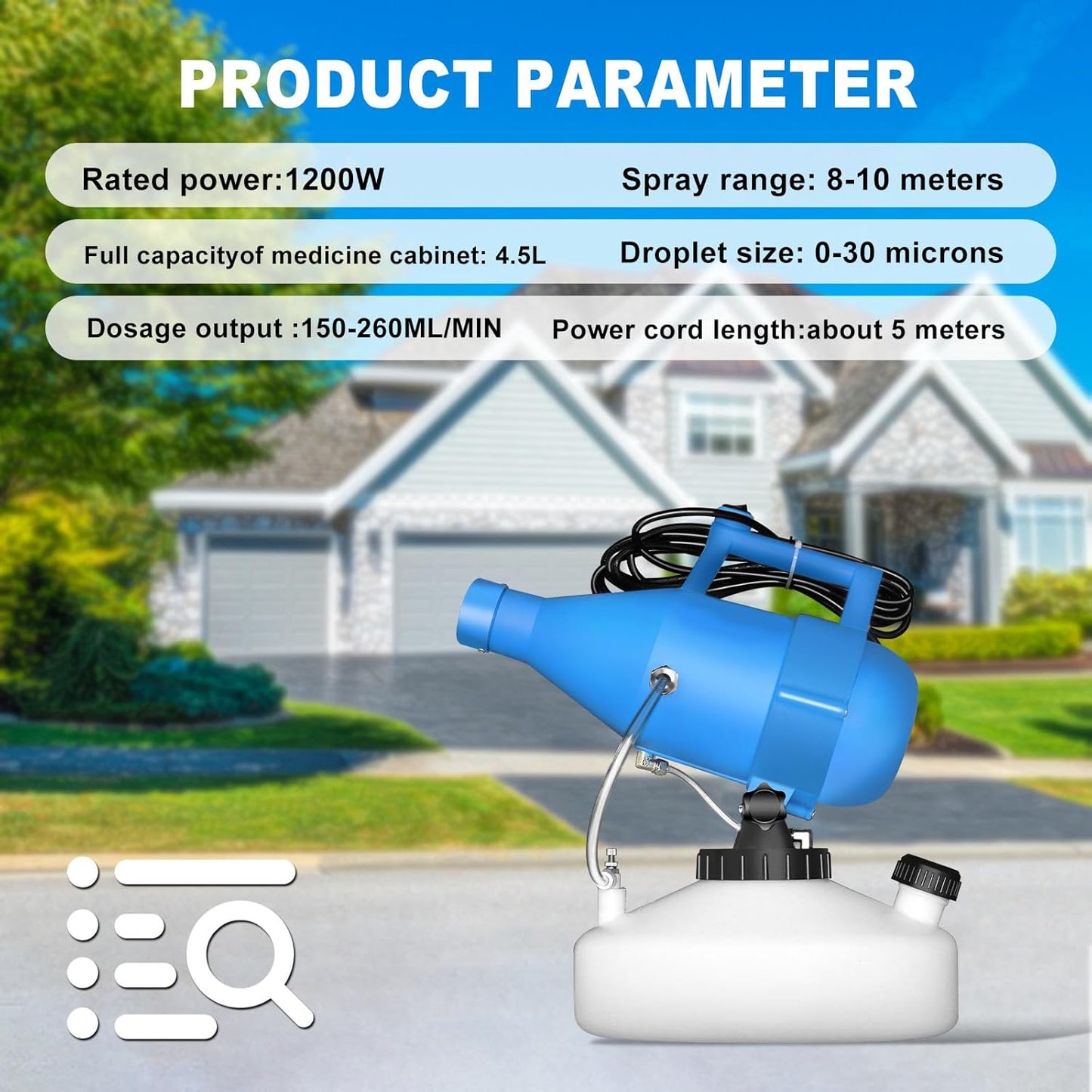 4.5L(1.2Gallon) Portable Electric ULV Fogger Sprayer, 26-32ft Spraying Distance Atomizer Mist Rate 150-260ml/min Cold Fogger Machine, for Home,Hotel,Church,School,Lawn,Yard,Garden