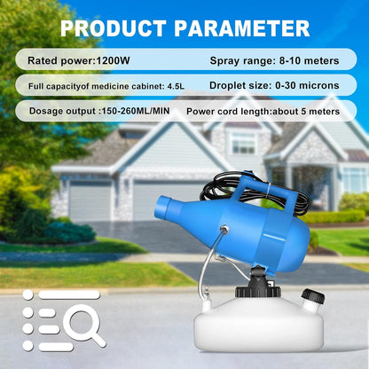 4.5L(1.2Gallon) Portable Electric ULV Fogger Sprayer, 26-32ft Spraying Distance Atomizer Mist Rate 150-260ml/min Cold Fogger Machine, for Home,Hotel,Church,School,Lawn,Yard,Garden