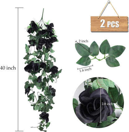 RECUTMS Flowers Artificial Hanging Plants 2PCS 3.3Ft Rose Vine for Home Room Garden Wedding Indoor Outdoor Decoration (Black)