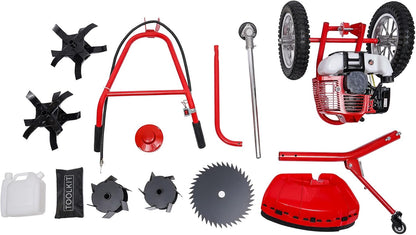 Walk Behind String Trimmer, 1.8KW Hand-Pull 2 Stroke Air-Cooled Single-Cylinder Lawn Mower Gas Powered 49CC 57.1X17.2X27.6 Inch Walk Behind Weed Trimmer for Lawn Garden