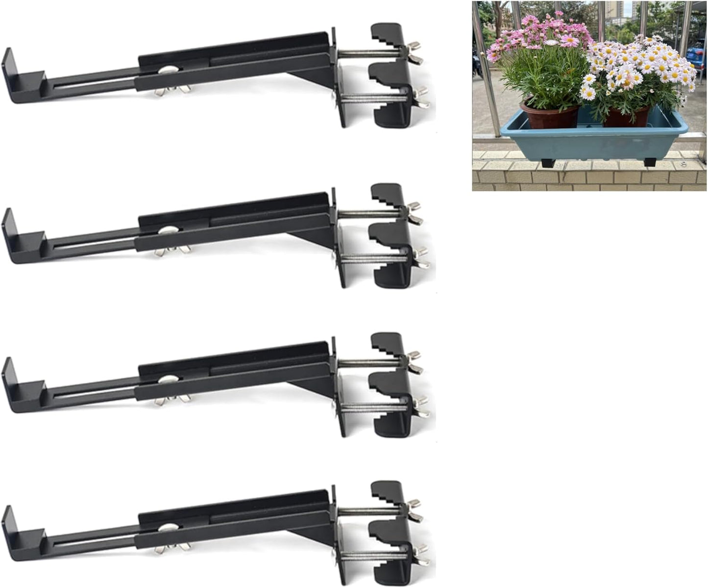 Balustrades Flower Box Supports, Planter Box Supports, Window Box Supports (6-9 Inches)，for Balustrades, Terraces, Decks, Balconies, Fences (Black 4 Pack)