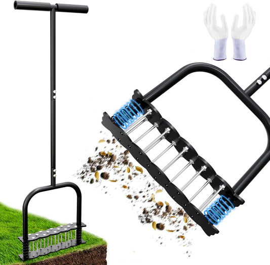 Lawn Aerator -Aerator Lawn Tool with 14 Iron Spikes, Automatic Dirt and Leaf Clean with Spring-Loaded Design, Height Adjustable Metal Manual Aerator, Soil Loosening, Yard Aerating, Garden Tool