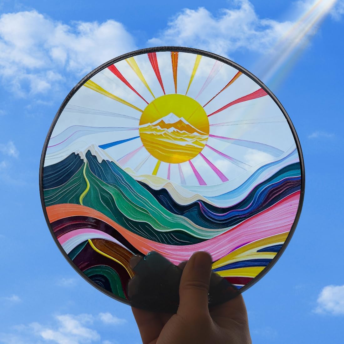 Mountains & Sun Stain Glass Window Hanging, 8 in Sun Catchers Indoor Window UV-Print Stained Glass Windows Hanging Boho Wall Art Decor with Chain, Gifts for Fathers Day, Mom, Dad, Son, Daughter