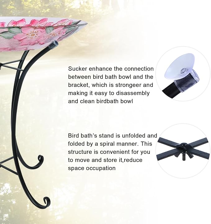 MUMTOP Outdoor Glass Birdbath with Metal Stand for Outside Lawn Yard Garden Cardinal Decor,18??Dia/21.65 Height