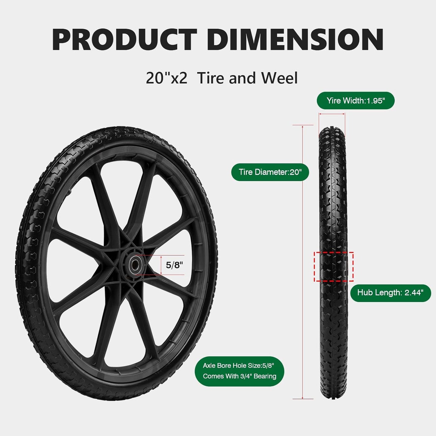 20" Flat Free Tire and Wheel with 3/4" & 5/8" Bearing, Replacement Wheels for Rubbermaid Wheelbarrow,Lawn Carts, Big Wheel Utility Carts and Garden Yard Cart, 2 Pcs Black