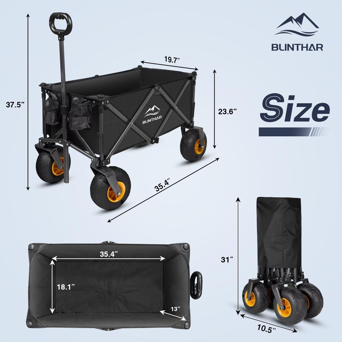 Beach Wagon with Big Wheels for Sand, Heavy Duty Harder Sand Collapsible Folding Wagon with All-Terrain 9" Pneumatic Ballon Tires, Utility Wagon for Garden Sports Camping Outdoor Activities