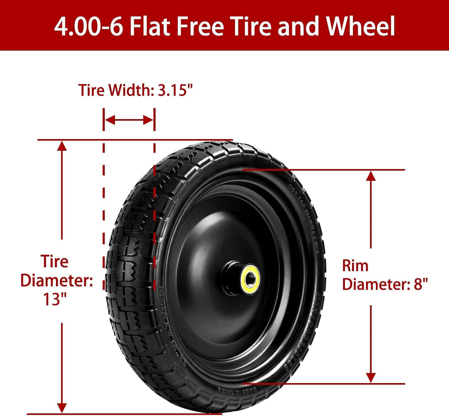 13" Flat-Free Tires and Wheels Replacement Gorilla Cart, 4.00-6 Flat-free Solid Tires for Garden Carts, Wheelbarrows & Yard Trailers - with 5/8" Bearings, 2.1" Hub Offset(4-Pack)