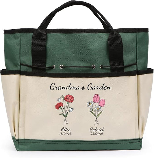 Personalized Garden Tools Set for Women: Custom Text Garden Tool Bag and Garden Shovel & Transplant Shovel & Hand Rake - Gardening Gifts for Mom Grandma Gardening Lover (2 Flowers)