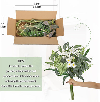 Artificial Greenery Stems Box Set, 5 Kinds Mixed Eucalyptus Leaves Silver Dollar Fern Monstera Leaf Faux Plants and Flowers for DIY Bouquets Wedding Floral Arrangements Table Centerpieces Vase Decor