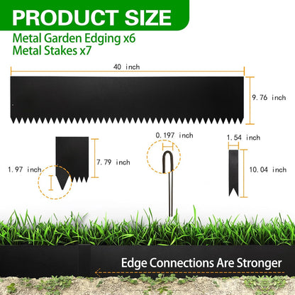Metal Landscape Edging 6 Pack 40" L x 10" H,Galvanized Bendable Metal Garden Edging,Hammer- in Steel Landscape Edging with a Pair of Gloves and 7 Clips,Black (20 FT Total)