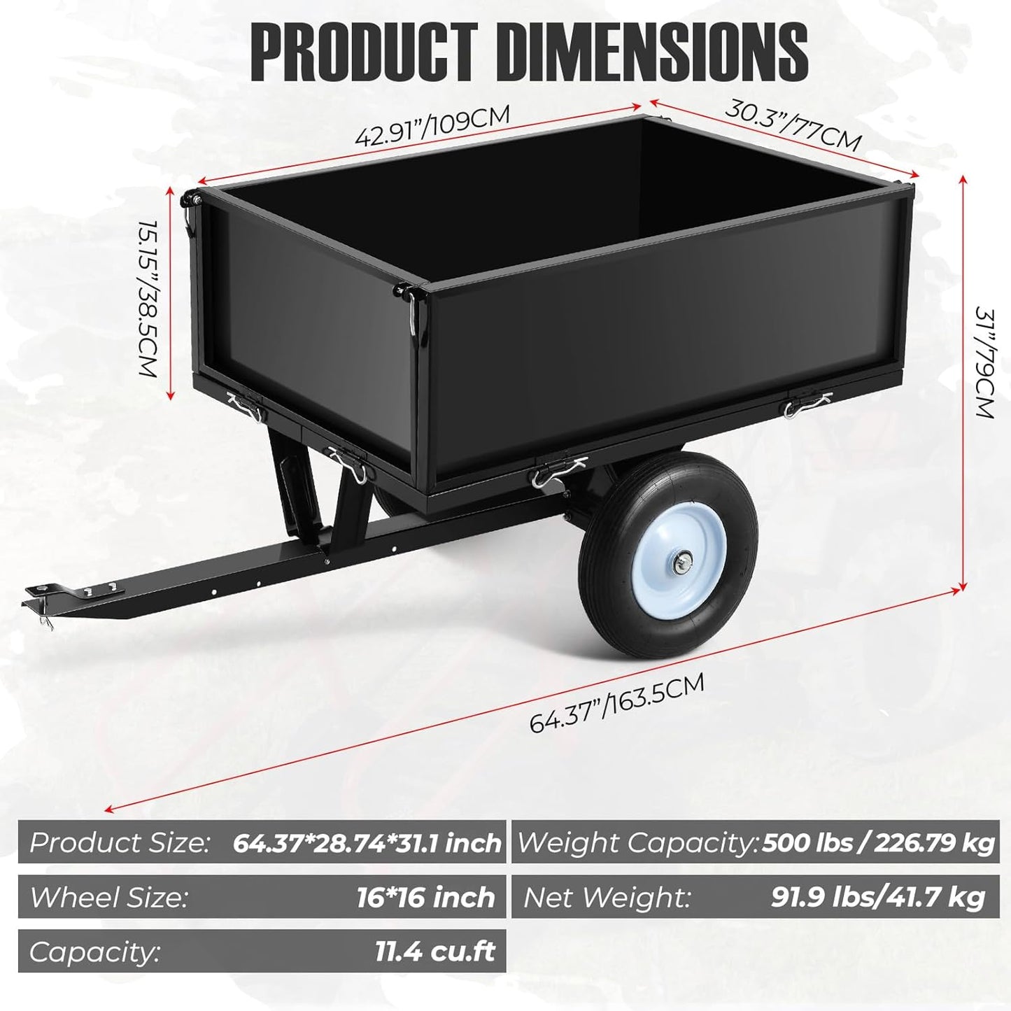 Garvee 500 LBS Load Capacity ATV Trailer Dump Cart, 11.4 Cubic Feet Heavy-Duty Steel Tow Behind Dump Cart with Removable Sides, Garden Utility Trailer for Lawn Tractor Mower, Black