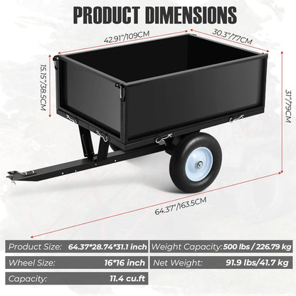 500 LBS Tow Behind ATV Trailer Dump Cart, Heavy Duty Pull Behind Yard Wagon Garden Cart with 2 Wheels, for Tractor, ATV, UTV, Outdoor Lawn Mower
