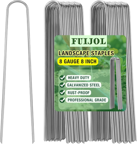 8 Gauge Landscape Staples, FUIJOL 8 Inch Heavy Duty U-Shaped Landscape Stakes, 50 Pack Galvanized Garden Staples for Weed Barrier Stakes, Ground Cover, Irrigation Tubing, Fence (50)