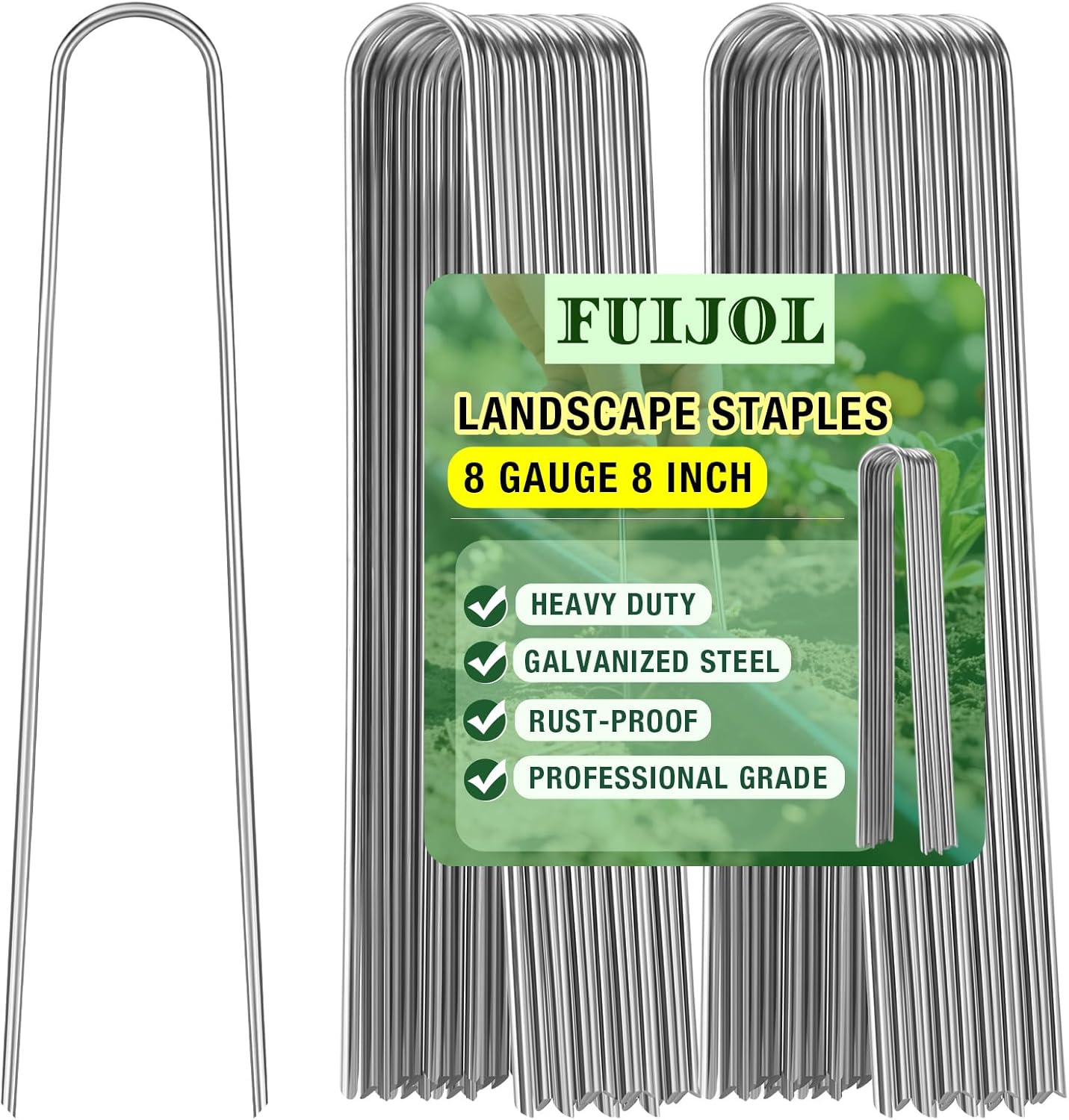 8 Gauge Landscape Staples, FUIJOL 8 Inch Heavy Duty U-Shaped Landscape Stakes, 100 Pack Galvanized Garden Staples for Weed Barrier Stakes, Ground Cover, Irrigation Tubing, Fence (100)