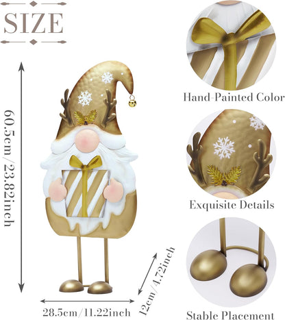 TERESA'S COLLECTIONS Gnome Christmas Decorations,Metal Gold White Santa Holding Gifts,Christmas Gnome Statue for Garden Indoor Outdoor,Decorative Yard Art Sign for Lawn Xmas New Year Winter Decor,24"
