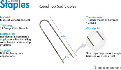 Sandbaggy Round Top 6-Inch Landscape Staples ~ SOD Garden Stakes Square Pin for Ground Cover Fabric & Drip Irrigation Tubing (10,000 Staples)