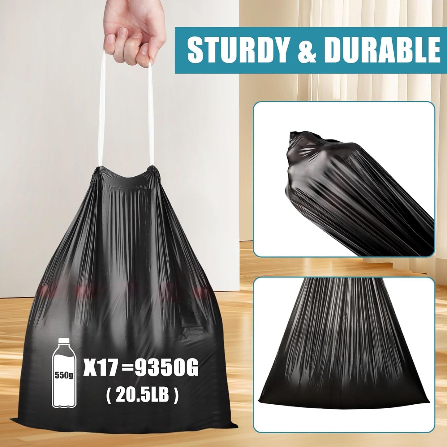 Small Trash Bags Bathroom - JUKFITA 4 gallon trash bags drawstring, Tear-Free Trash Bags Unscented 60 Count