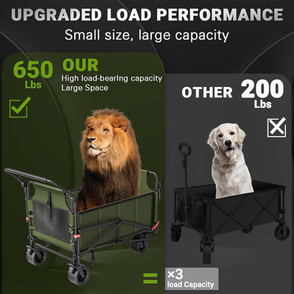 LEVELEVE Heavy Duty Folding Wagon - 2-in-1 Collapsible Cart, 650lb Capacity, All-Terrain Wheels w/Brakes & Side Pockets