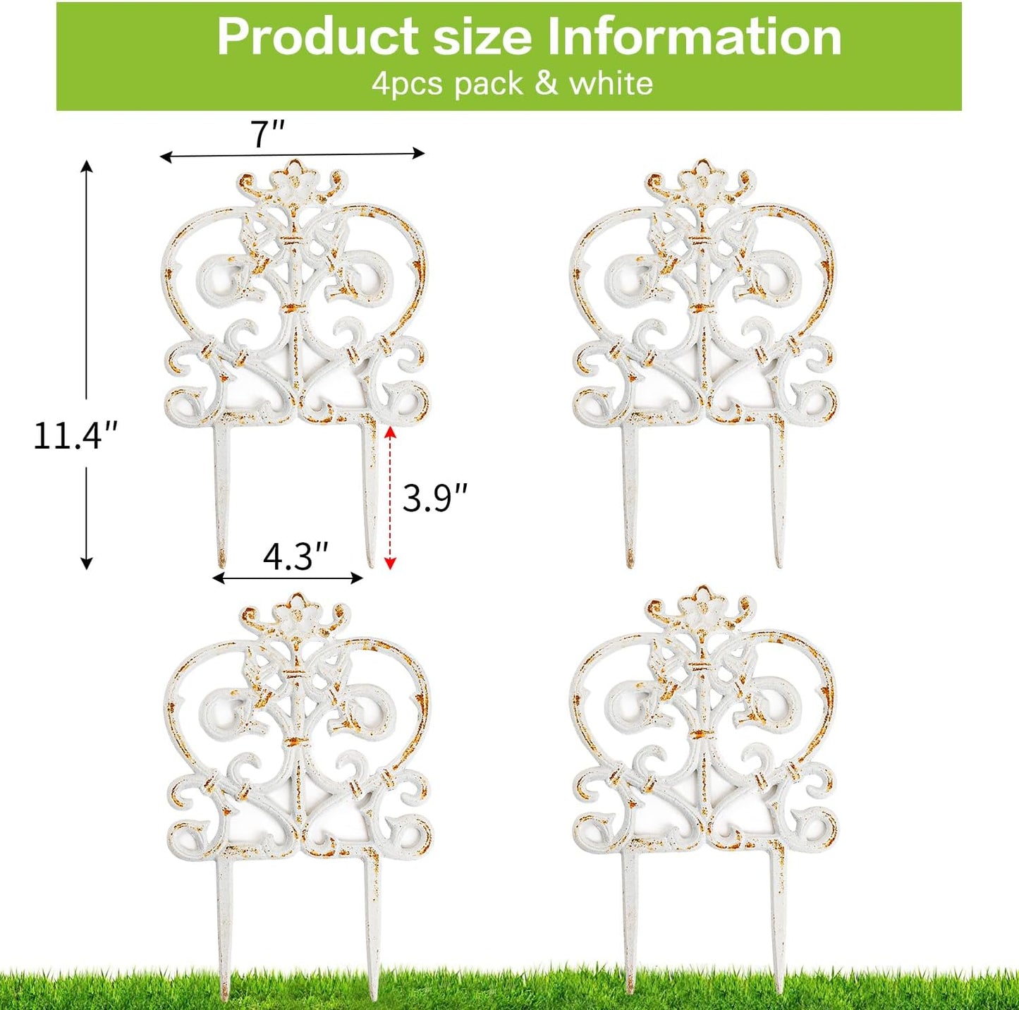 Sungmor Decorative Cast Iron Garden Edging, 4 Pack Rustic White Victorian Garden Edging Landscape Border, Vintage Metal Yard Stake Low Picket Fence, 11.8" Tall Outdoor Flower Bed Lawn Fence Panels
