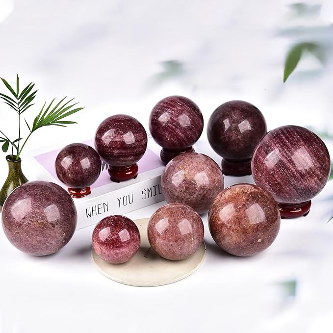 JIC Gem Large Red Healing Crystal Ball Red Strawberry Crystal Sphere with Stand Crystal Decorative Ball Home Decoration (110-120mm)