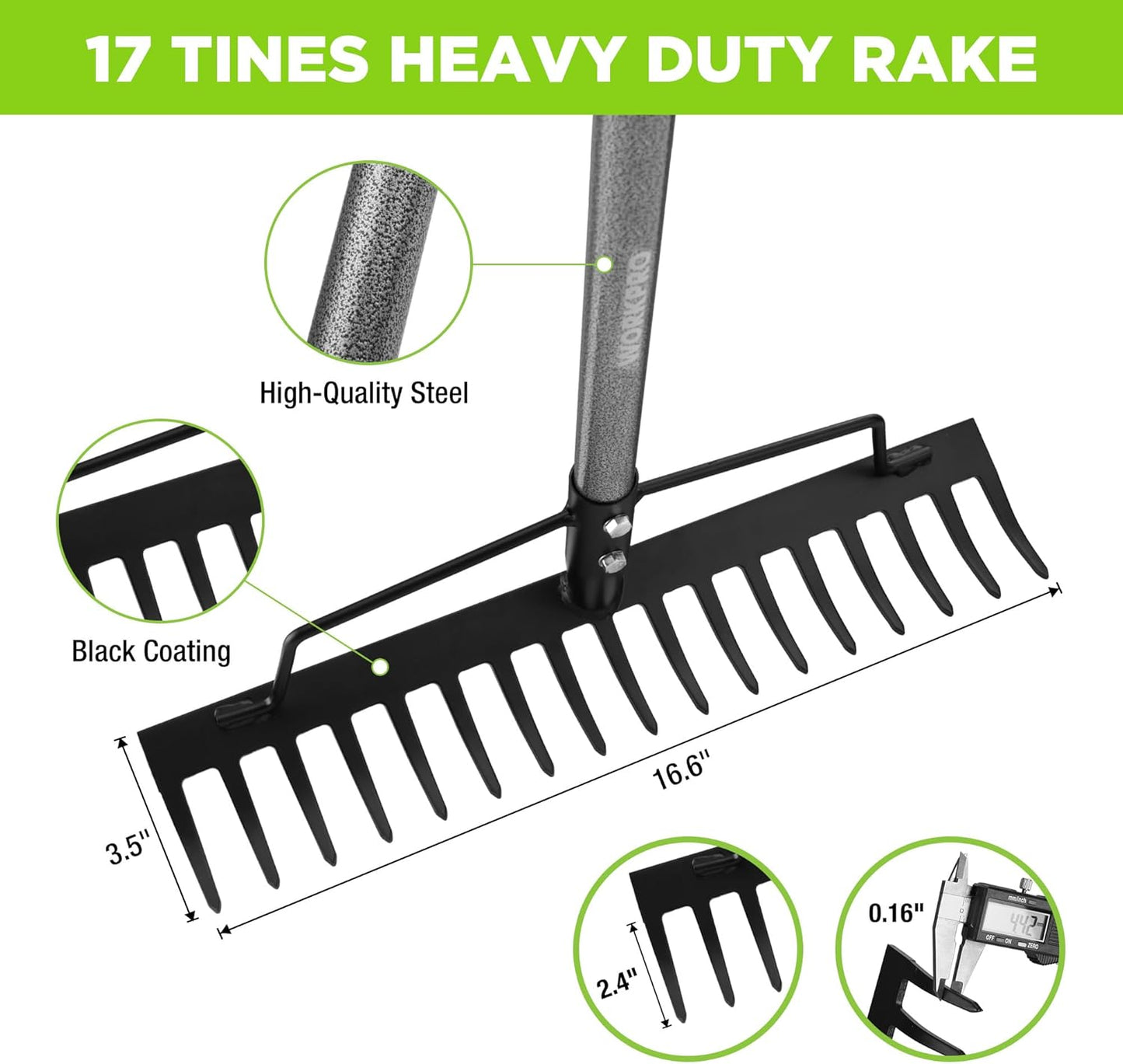 WORKPRO 65 Inch Bow Rake, 17 Tines Metal Head Rakes with High Strength Handle, Heavy Duty Garden Rake with Adjustable Handle for for Loosening Soil, Gathering Leaf, Leveling Lawn, Farming Land