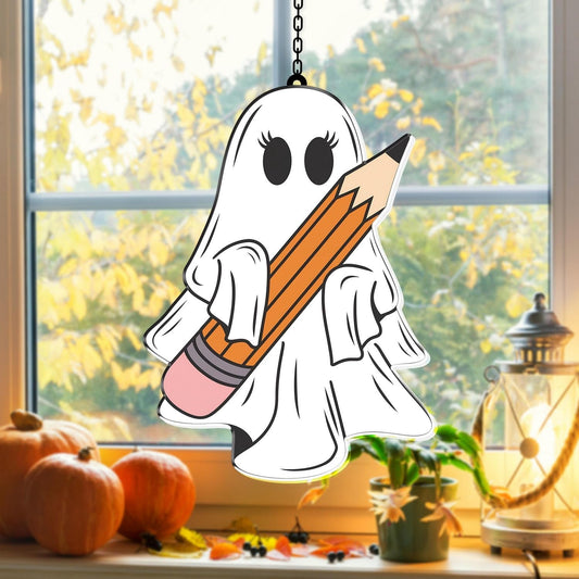 7.87Inch Cute Pencil Ghost Sun Catcher Acrylic Garden Halloween Suncatcher Decor Window Hanging for