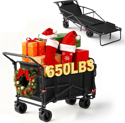 LEVELEVE Heavy Duty Folding Wagon - 2-in-1 Collapsible Cart, 650lb Capacity, All-Terrain Wheels w/Brakes & Side Pockets (Black)